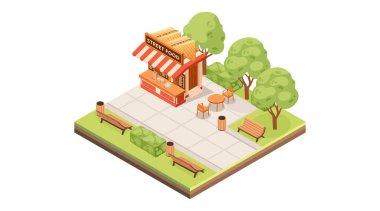 Sokak yemekleri satan Isome Fayans Parkı sahnesi. Ağaçlı umumi dinlenme alanı. Asfalt yolu olan şehir parkı. Tenteli sokak yemeği büfesi. Vektör illüstrasyonu beyaz arkaplanda izole edildi.