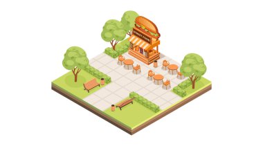 Hamburger şeklinde tezgahı olan Isome fayans parkı. Temalı yemek büfesi. Yeşil ağaçlar. Oturmak için halka açık banklar. Şehir parkı sahnesi. Vektör illüstrasyonu beyazda izole edildi.