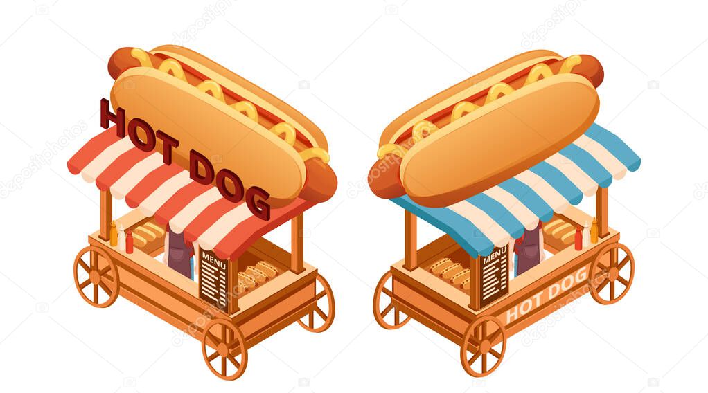Collection of isometric hot dog carts. Food stands with giant hot dog on top. Portable fast food kiosks. Street food vendors. Outdoor food service. Vector illustration isolated on white background.