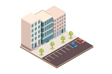 Isome Şehir Binası seti. Perakende ve konut alanları ile karışık kullanım yapıları. İşaretli yerleri olan park alanı. Peyzaj için küçük ağaçlar. Birden fazla katlı şehir mimarisi. Vektör.