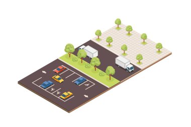 Isome park yeri elemanları. İşaretli boşluklu asfalt yüzeyi. Farklı renklerde park edilmiş araçlar. Çevre boyunca yeşil ağaçlar. Şehir planlama bileşenleri. Vektör çizimi izole edildi.