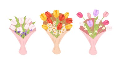 Dekoratif ambalajlı çiçek buketleri. Lalelerle ve bahar çiçekleriyle değişik renklerde düzenlenmiş. Pembe kağıtlı desteler. Hediye hazır. Vektör illüstrasyonu beyaz arkaplanda izole edildi.