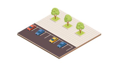 İşaretli yerleri ve park edilmiş arabaları olan Isome kentsel otoparkı. Asfaltlı alanın etrafındaki yeşil ağaçlar. Taşımacılık ve altyapı projeleri için şehir planlama vektör çizimi. Beyaz sırtında izole edilmiş.