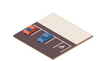 Isometric park elemanları. Beyaz işaretli asfalt yüzeyi. Kırmızı ve mavi park edilmiş araçlar. Şebeke desenli bitişik fayanslı alan. Vektör illüstrasyonu beyaz arkaplanda izole edildi.