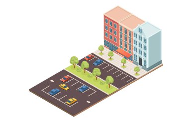 Isometric kentsel gelişim elementleri. Çeşitli cephelere sahip çok katlı binalar. Arabalı park yeri. Ağaçlarla kaplı cadde. Konut yapıları ile şehir planlama. Vektör illüstrasyonu.