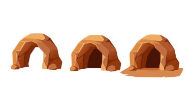 Yuvarlak kumtaşı mağara seti. Üç pürüzsüz turuncu kaya sığınağı girişi. Kavisli kemerli çöl yerleşim düzenleri. Macera teması için doğal gizlenme yerleri. Beyaz üzerine vektör illüstrasyonu.