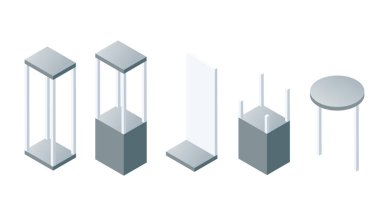Isometric vitrinler ve podyumlar. Gri tabanlı ve platformlu cam vitrinler. Müze ve perakende satış mobilya elemanları. Vektör illüstrasyonu beyaz arkaplanda izole edildi.
