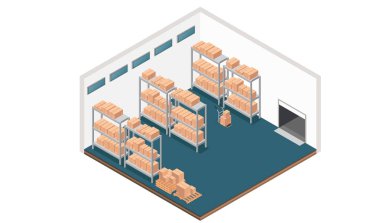 İzometrik depolama sistemi. Mavi döşeme organize raf üniteleri kahverengi karton kutuları doldurdu. Pencereler beyaz. Modern envanter tesisi tasarımı. Beyaz arkaplanda vektör illüstrasyonu.