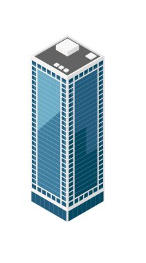 Isome gökdelen binası. Birden fazla kat ve penceresi olan uzun mavi bir kule. Gri çatılı ve teknik ekipmanlı. Şehir tasarım projeleri için modern şehir mimarisi. Vektör illüstrasyonu.