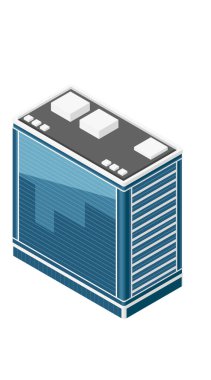 Isome ticari binası. Birden fazla penceresi ve zemini olan mavi ofis binası. Gri çatıda HVAC ekipman kutuları var. Modern kurumsal mimari tasarımı. Beyaz üzerine vektör illüstrasyonu.