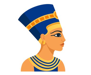 Mısır kraliçesi portresi. Altın madalyalı mavi taç başlık. Eski bir kraliyet kadını siluete bakar. Tarihsel kültürel sanat tasarımı. Vektör illüstrasyonu beyazda izole edildi.