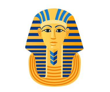 Mısır Firavunu altın maske portresi. Mavi ve altın çizgili kafa derileri. Geleneksel antik hükümdar yüz tasarımı. Tarihi kültürel sembol sanat eserleri. Vektör illüstrasyonu beyazda izole edildi.