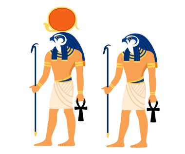 İki Mısır şahin başlı tanrı figürü. Mavi başlık, ankh sembolü, personel aksesuarları. Güneş diski bir tanrıdan üstündür. Antik mitoloji karakterleri tasarımı. Vektör illüstrasyonu beyazda izole edildi.