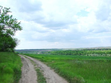Tepeye tırmanan ve bulutlu ufka uzanan bozkır yolunun manzarası..