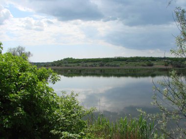 Bozkır göletinin aynalı su yüzeyi kıyı bitkisini ve bulutlu mavi gökyüzünü yansıtıyor..