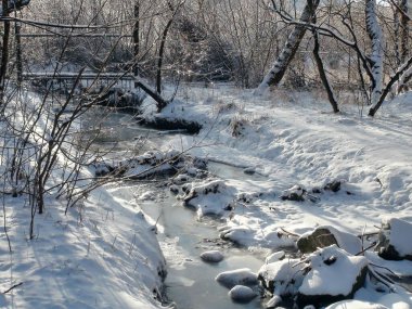Buz gibi güneşin parlak ışınlarının altında parlayan ince bir buz kabuğunun altında gizlenmiş bir orman nehri manzarası..