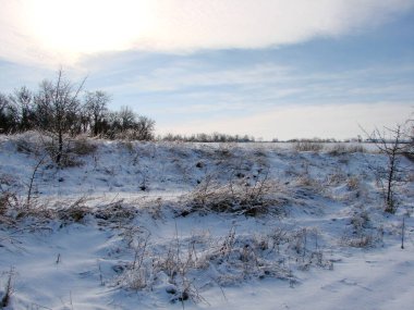Aşağıdan büyüleyici bir manzara bozkır tepesinin el değmemiş kar örtüsü üzerinde parlak kış güneşinin ışınları altında.