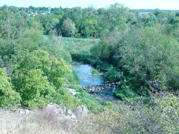 Tepenin tepesinden bozkır nehri üzerinden geçen yapay taşın manzarası Nizhnya Khorytsia.