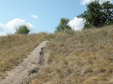 Kayalık bir Dinyeper Tepesi 'nin panorama' sı. İçinden dağlık dar bir patika şeridinin geçtiği bozkır bitki örtüsüyle kaplı..