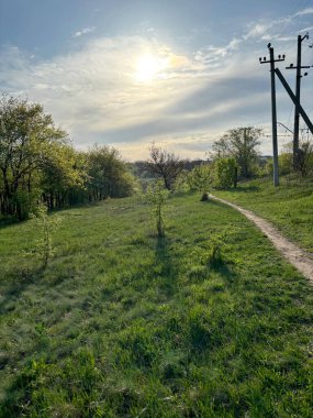Ufuktaki aydınlanmış bulutların arka planına karşı batan güneşin ışınları altında bir orman şeridi boyunca dar bir yol manzarası..