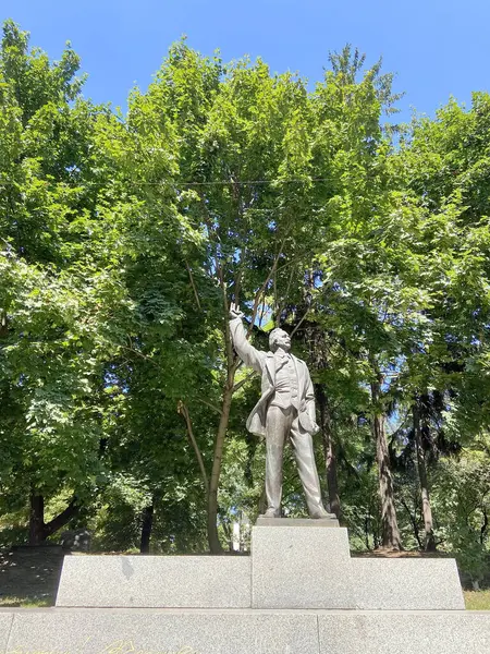 Lviv 'in merkezindeki Vyacheslav Chornovol' un bağımsızlığı için mücadele eden olağanüstü dövüşçünün anıtı genç ağaçların arka planına karşı.