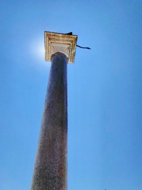 A resting lion atop the column of Saint Todaro in the rays of the bright summer sun near the Doge's Palace. clipart