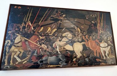 Uffizi Galerisi. Floransa. San Romano Savaşı. Bernardino della Carda 'nın yenilgisi. İtalyan ressam Paolo Uccello 'nun savaşın resmi..