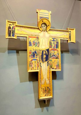 Uffizi Galerisi. Floransa. Çarmıhtaki İsa 'nın çektiği acıları tasvir eden ortaçağ ikonunun başyapıtları..