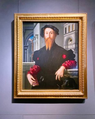 Uffizi Galerisi. Floransa. Floransalı hümanist Bartolomeo Panchatiki 'nin Portresi İtalyan sanatçı Allolo di Cosimo - Bronzino.