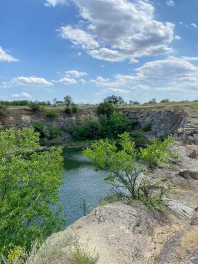 Güneşli bir günde bozkır gölüyle çevrili çeşitli bozkır bitkilerinden oluşan bir panorama..