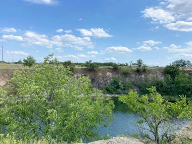 Güneşli bir günde bozkır gölüyle çevrili çeşitli bozkır bitkilerinden oluşan bir panorama..