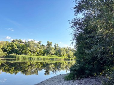 Dinyeper koylarının ayna su yüzeyinin manzarası diğer kıyıdaki yemyeşil çalı çalıları ve kıyı orman şeritlerini yansıtıyor..