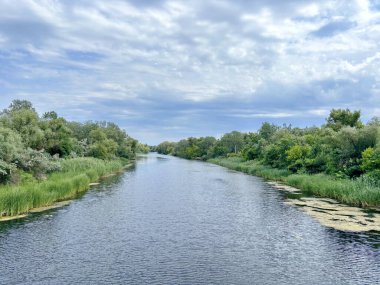 Güneş ışınlarıyla aydınlatılan bulutlu bir gökyüzüne karşı çalılık ve sazlıklarla çevrili bozkır bir nehrin muhteşem manzarası..
