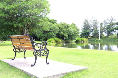 Eski bir ahşap tarzı ve çimento üzerinde eski bir bank park alanının yanında doğal çevreyle birlikte..