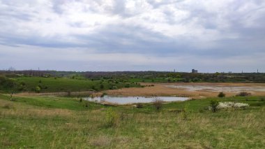 Bulutlu gökyüzü ile çayırlar ve ormanlar manzarası