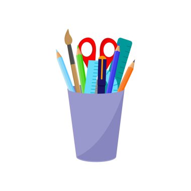 Vektör illüstrasyon ofis ekipman kalem tutacağı. Düz bir fincanda parlak ofis malzemeleri. Parlak Renkli Kalem Carandashi Makas Yöneticisi. Beyaz arkaplanda izole