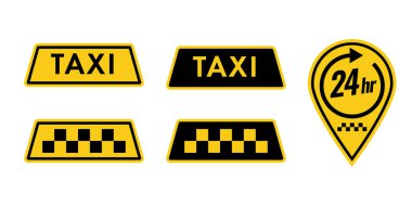 Beyaz arka planda izole ulaşım elemanlarının taksi servis simgesi sarı işaretler kümesi