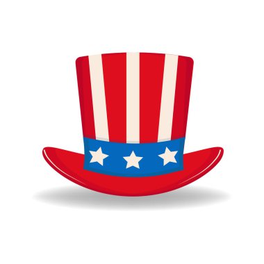 Amcamın Sam şapka deseni beyaz arka planda izole edilmiş, ulusal Amerikan sembolünün vektör çizimi, yıldızlı ve çizgili vatansever giyimi.