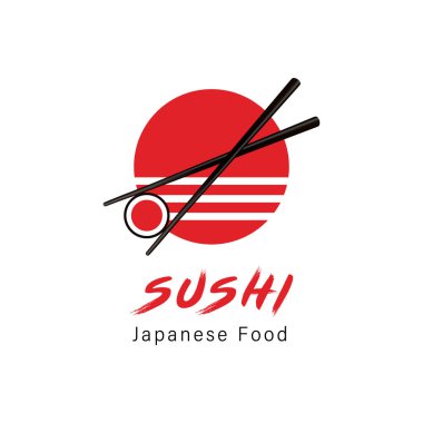 Vektör simge stil illüstrasyon logosu Asya Street Fast Food Bar veya Dükkanı, suşi, Maki, Onigiri somon Roll ile Chopsticks, minimalist nesnesi izole