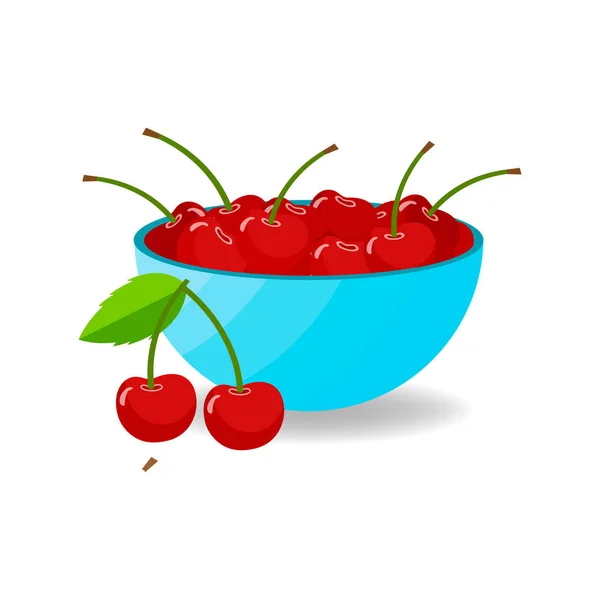 樱桃在蓝色碗隔离在白色 新鲜红莓的向量扁平图标 — 图库矢量图片