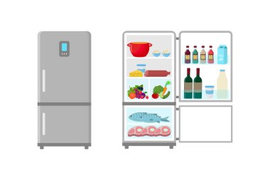 Açık kapılar, yiyecek dolu bir buzdolabı. Vektör çizim
