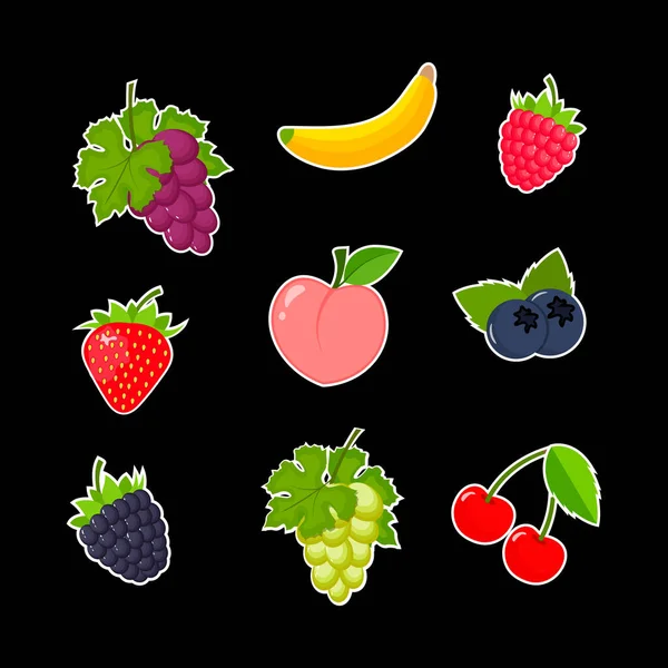 Lindo Juego Etiquetas Engomadas Frutas Dibujos Animados Vector Ilustración — Vector de stock