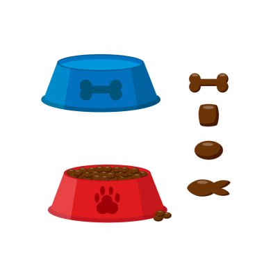 Köpek ya da kedi kuru yiyecek kasesi. Kemik ve balık şekilli cips. Kuru yiyecekli kırmızı ve mavi evcil hayvan kasesi. Düz biçim vektör çizimi beyaz arkaplanda izole edildi