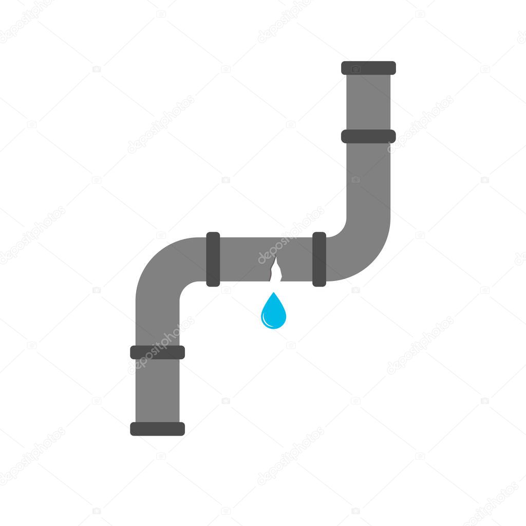 Broken metal pipe bend with leaking water, flat style vector illustration. Part of the pipeline