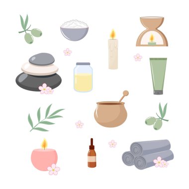 Aromaterapi ve spa aksesuarları koleksiyonu Kokulu mumlar, aroma yayıcı, lamba, masaj taşları, gerekli yağ