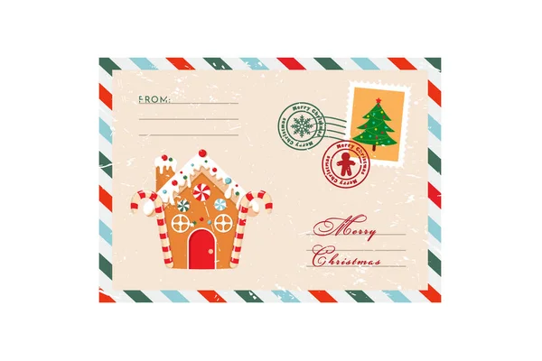 Weihnachtskuvert Mit Briefmarken Siegeln Lebkuchenmann Und Aufschriften Frohe Weihnachten lizenzfreie Stockvektoren
