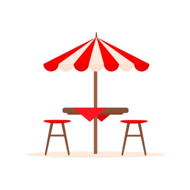 Yaz tatili için mobilyalar. Sandalye ve plaj şemsiyeli restoran ya da kafe ahşap masa. Vektör illüstrasyonu beyaz arkaplanda izole edildi