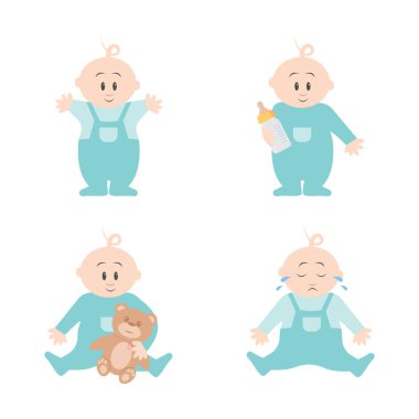 Sevimli bebek ya da yürümeye başlayan çocuk örneğin ayakta, ağlama, oturma, emekleme, ağlama ve beyaz arka plan üzerinde izole oynarken pozlar. vektör illüstrasyon