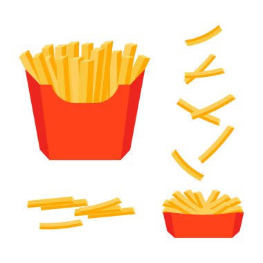 Patates kızartması. Beyaza izole edilmiş patates çubukları. Fast food ve sokak yemekleri için vektör illüstrasyonu