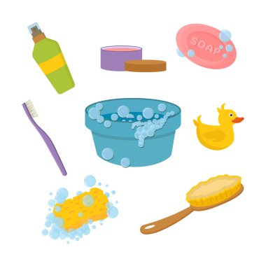 Banyo aksesuarları çizgi filmi. Banyo aksesuarı sabun havlusu tarak fırça saç süngeri şampuan